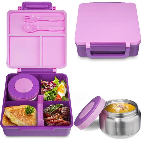 Portapranzo per bambini con bicchiere termico da 30 cl, 3 scomparti, a tenuta stagna, senza BPA, lavabile in lavastoviglie, verde, ideale per la scuola e i viaggi (Viola) (1/5)