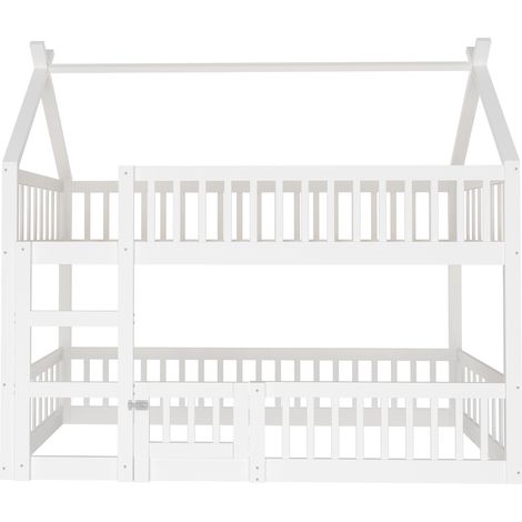Lit superposé enfant 90x200, lit mezzanine avec escalier et porte, lit cabane bois massif avec barrière, cadre blanc, 120kg. (1/5)