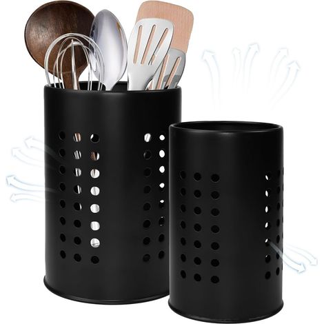 2 Pcs Porte Ustensiles en Acier Inox Cuisine, Porte Couverts Noir, Pot Couvert Vaisselle à Conception Creuse, Range Ustensiles 2 Tailles, pour Fourchette Baguettes Cuillère (1/5)