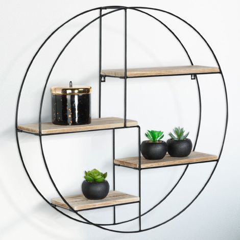 Estantería de pared redonda LILY, 4 niveles, madera y metal, diseño industrial
