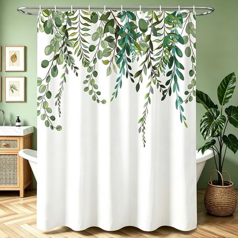 Rideau de douche 240 x 200 cm - Motif feuilles vertes - Ourlet lesté - Textile anti-moisissure - Imperméable - Lavable - Polyester - Avec 16 oeillets et anneaux de rideau de douche (1/5)