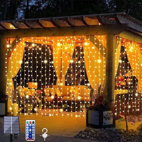 Guirnalda de luces solares, cortinas de luz mejoradas, luz blanca cálida, iluminación exterior, 300 LED, 8 modos, mando a distancia incluido. (1/5)
