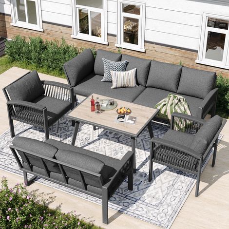 Salon de jardin pour 8 personnes : structure corde, grande table effet bois, cadre fer galvanisé, pieds réglables, tous coussins inclus, gris (1/5)