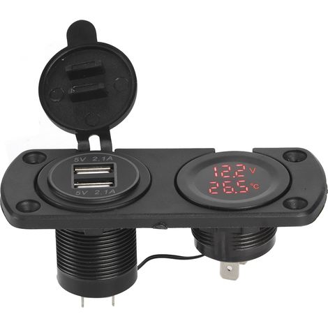 Chargeur de voiture avec thermomètre, voltmètre, double prise USB 12 V et prise allume-cigare (rouge) (1/5)