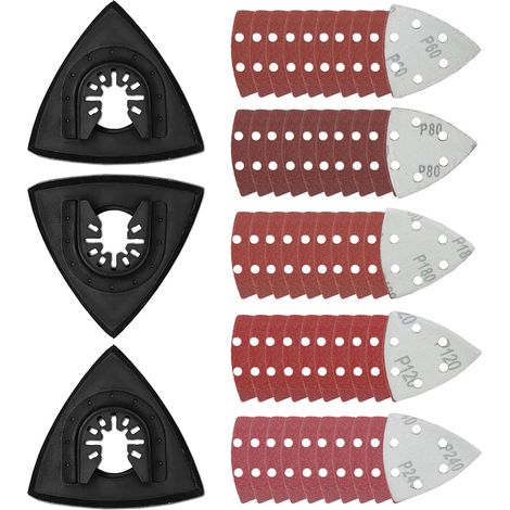 53 pièces Patin de Ponçage Multi Outil, Patin de fixation triangulaire, Patins de ponçage oscillants, plaque abrasive triangulaire de 93 mm, Contient papier abrasif delta (60/80/120/180/240) (93mm) (1/5)