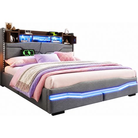 Letto contenitore matrimoniale 160x200 cm con testiera con vano portaoggetti, luci LED, USB e ricarica integrata, struttura idraulica, grigio  CHICFURN (1/5)