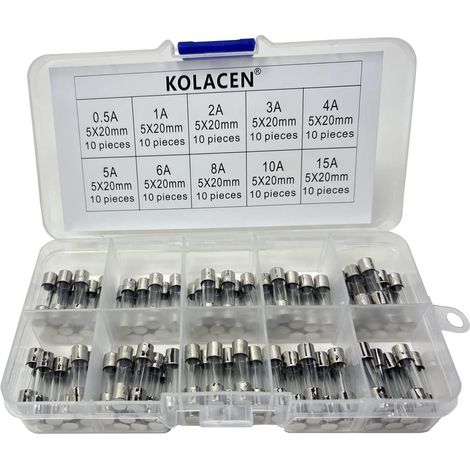 Fast Glass Tube Fuse 5 x 20 mm Assortment Kit 0.5 Amp 1Amp 2Amp 3Amp 4Amp 5Amp 6Amp 8Amp 10Amp 15Amp (Pack of 100) (1/5)