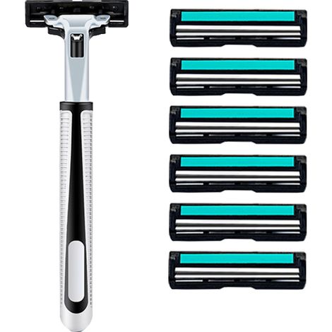 rasoir electriques hommes-Rasoir Classique à Double Lame avec Poignée Ergonomique — Compatible Tous Types de Barbes (Inclus : 1 Poignée + 6 Lames de Rechange) — Pour Usage Quotidien & Voyage (1/4)