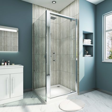 ELEGANT 6mm Safety Glass 760 x 900mm Pivot Shower Door Side Panel Shower Enclosure with Shower Tray (1/5)