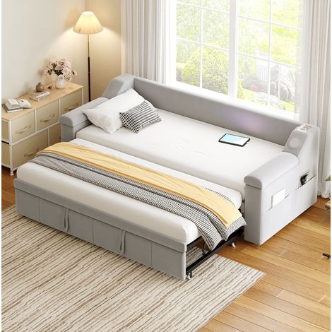 Divano letto, trasformabile in letto con Bluetooth e USB con vani portaoggetti, 216x97x69 cm, in velluto grigio chiaro (1/5)