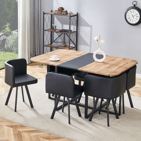 Ensemble table et chaises de salle à manger –4 à 6 personnes -Les tables et les chaises peuvent être rangées - Plateau en MDF imitation bois, pieds en métal noir – Naturel + noir (1/5)