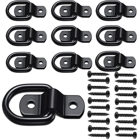 Lot de 10 anneaux d’ancrage en D 1/4", charge maximale 2400 lb par anneau, robustes, pour remorque, plateau de chargement, camping-car et bateau, noir (1/5)