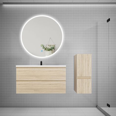 Ensemble meuble vasque L.99cm 2 tiroirs + lavabo + LED miroir rond 100cm + colonne,chêne