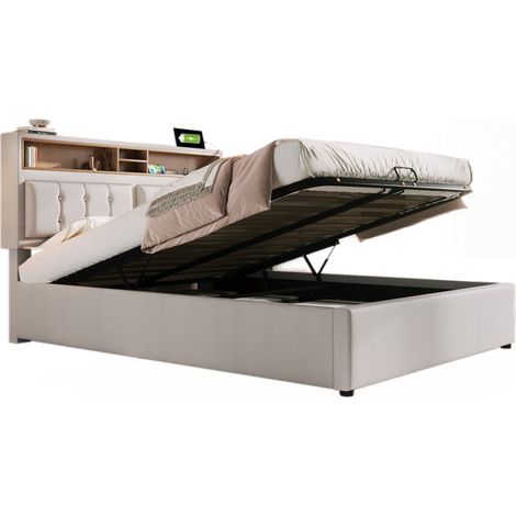 Polsterbett Doppelbett mit USB, Typ C und 4 Faechern 160 x 200 cm, ohne Matratze, Leinen, Beige (1/4)