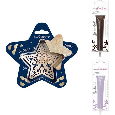 Kit pour biscuit en relief Étoile + 2 Stylos au chocolat marron et lilas (1/2)