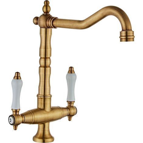 Vintage Kitchen Mixer Tap Retro Sink Faucet 2 Handles Adjustable Hot and Cold 360° Rotatable Bronze (1/4)