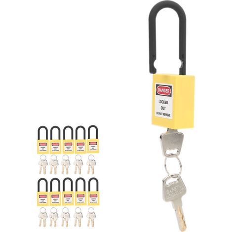 Cierre de seguridad industrial de nailon de 38 mm a prueba de polvo – Paquete de 10 unidades, color amarillo, para aislamiento y bloqueo de herramientas.