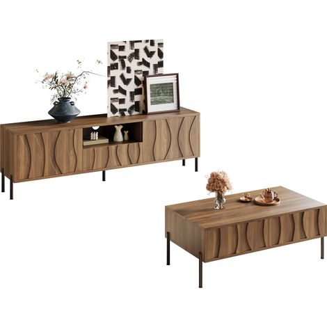 Table basse en bois massif et meuble TV combinés avec motif ondulé, ensemble de rangement en bois naturel
