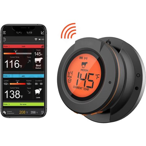 Termómetro para carne con conexión inalámbrica, 2 sondas, alcance de 50 m, Bluetooth 4.2, resistente al agua IP64 (para ahumador, horno y barbacoa).