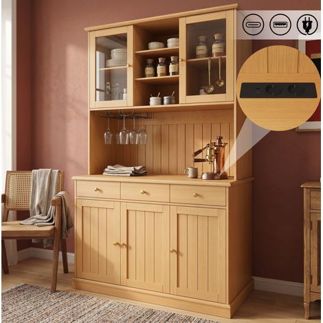 Aparador de cocina con puertas de cristal, estante para cristal, puertos USB-A/C, 120x40x191 cm, madera natural (1/5)