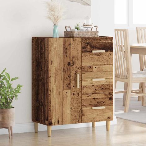 Buffet 3 tiroirs et 1 porte en bois d'ingénierie, bois ancien, 69,5 x 34 x 90 cm - PANGIVO (1/5)