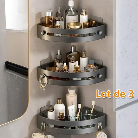 Lot de 3 Panier de douche d'angle - Étagère de Salle de Bain avec Crochets pour Serviettes et Trous de Drainage - Panier de Douche Triangulaire Sans Perçage (1/5)