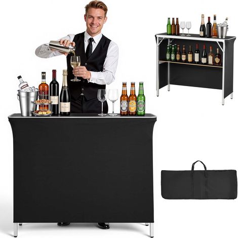 VEVOR Mesa de Bar Portátil 1100 x 385 x 885 mm, Barra de Fiesta Portátil Plegable, con Falda Estante de Almacenamiento y Bolsa de Transporte, Estación Móvil de Camarero para Ferias Fiestas Eventos (1/5)