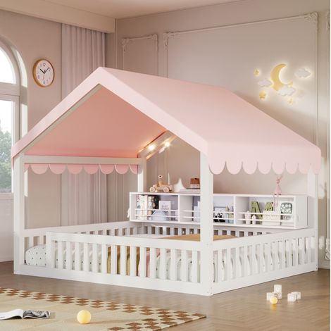 Lit cabane 140/200 cm blanc en bois avec LED, rideau et bibliothèque (1/5)