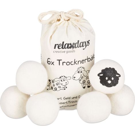 Relaxdays Trocknerbälle XXL, 6 Trocknerkugeln, Filzbälle für Trockner, aus Schafswolle, umweltschonend, Ø 7 cm, weiß (1/5)