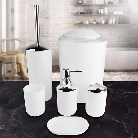 Ensemble de 6 accessoires de salle de bain : porte-brosse à dents, poubelle, distributeur de savon (blanc) (1/5)