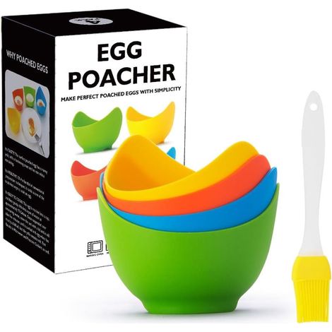 Lot de 4 coquetiers en silicone avec supports en anneau, cuiseur à œufs pochés pour micro-ondes ou cuisinière, cuiseur à œufs pochés avec brosse à huile supplémentaire, sans BPA (1/5)