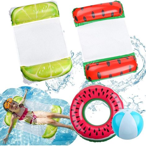 ZOLGINAH Hamac Flottant Piscine pour Enfants, 2 Pièces Hamac Gonflable pour Piscine avec Anneau de Bain Pastèque et Ballon de Plage, Multi-Usage Hamac de Piscine Portable pour Garçons et Filles (4Pcs) (1/5)