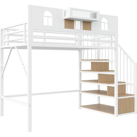 Letto a soppalco in metallo 90 x 200 cm con scala contenitore, mensola e luce, bianco (1/5)