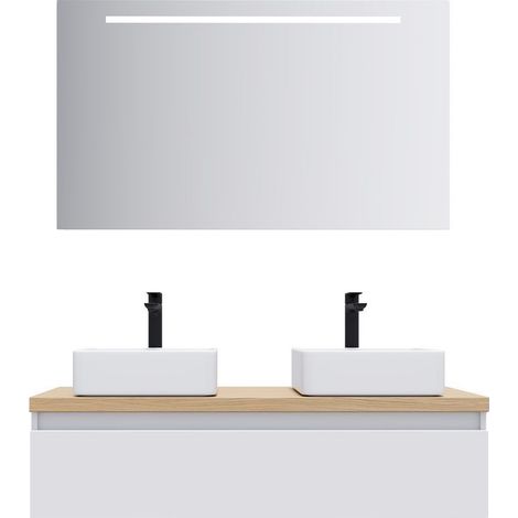 Meuble de salle de bain suspendu 2 vasques à poser 120cm 1 tiroir Blanc + miroir - Hudson (1/5)