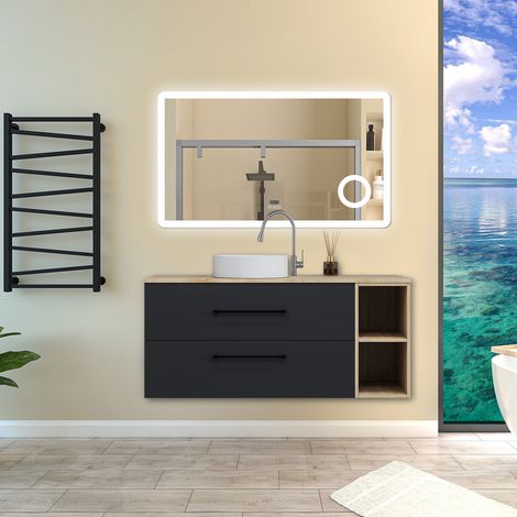 Aica Ensemble meuble de Salle de Bain avec Vasque + 2 Rangements Ouverts, 120x46x52cm, Miroir Bluetooth avec Horloge et Loupe