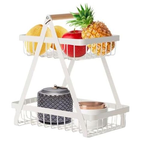 Corbeille à Fruits à 2 étages, Corbeille à Légumes Pour Comptoir De Cuisine Panier De Rangement En Fil Métallique Support De Fruits Détachable Porte-Fruits Support Pour Bol Avec Manche(Blanc) (1/4)