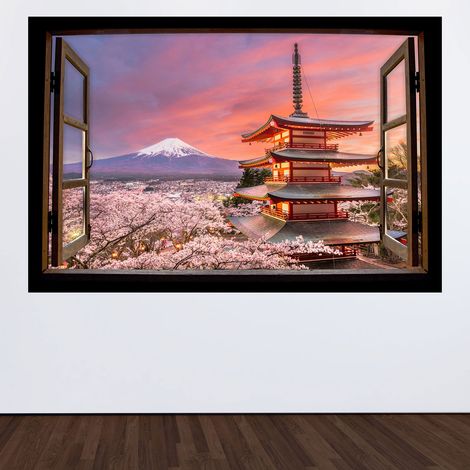 Stickers Trompe l'oeil fenêtre en bois - Mont Fuji Japon - 90 x 135 cm (1/3)