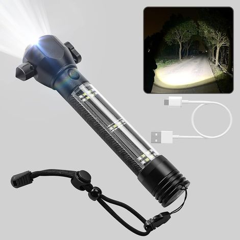 GROOFOO Solar-LED-Taschenlampe, extrem leistungsstark, wiederaufladbar, 10.000 Lumen, mit Magnet, Hammer, Messer, Kompass, Alarm, 7 Modi, Zoomfunktion, für Survival, Camping, Auto, IP67 wasserdicht (1/5)