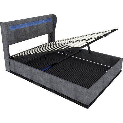Cama tapizada gris 140x200 cm con cabecero LED integrado HOMVRA (1/5)