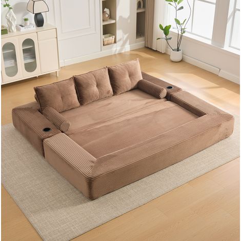 Sofá cama plegable de 3 plazas de pana con portavasos, marrón OKMYHOME (1/5)