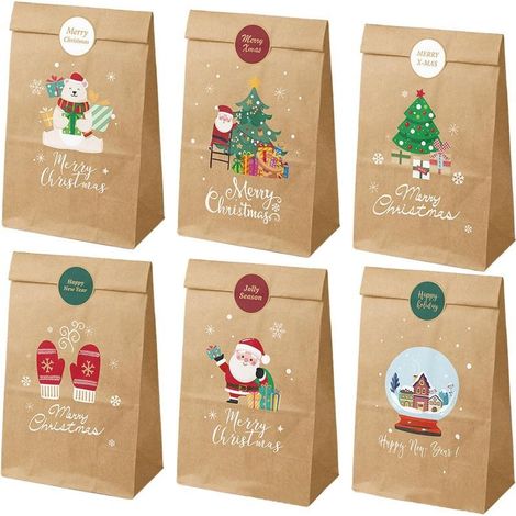 Sacs cadeaux de Noël (12 pièces) - Papier kraft brun avec autocollant, 12 x 22 cm, 6 motifs, réutilisables, adaptés aux fêtes, bonbons, biscuits (1/5)