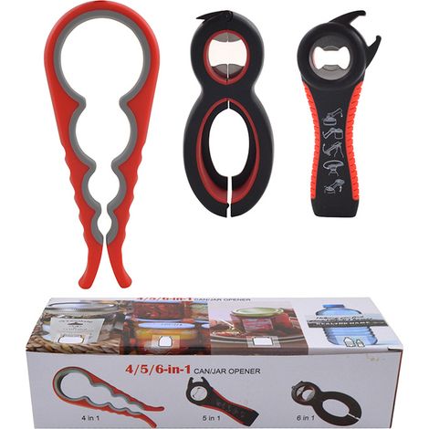 Ouvre-bouteille, ouvre-boîte, set de trois, ouvre-boîte manuel, ouvre-bouteille idéal pour les personnes âgées ayant des mains faibles et souffrant d'arthrite (noir et rouge) Ouvre-bouteille, set de t (1/3)