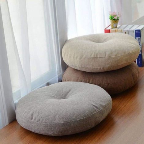 Coussin De Siege - Rond - Coton Et Lin - Ventile - Pour Tatami Ou Sol - 40 x 42 cm - Beige - 1 Unite (1/4)