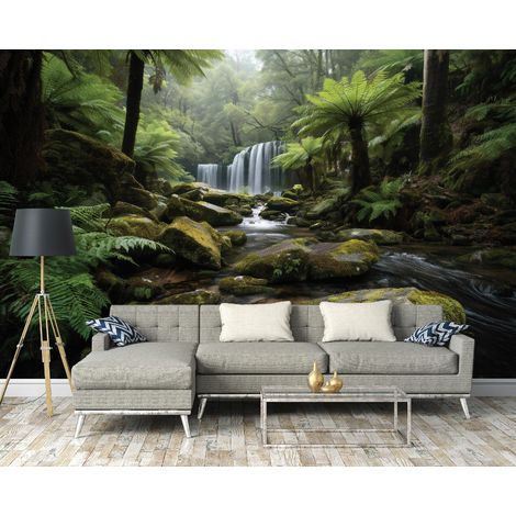 Fototapete Wald Wasserfall Bäume, für Wohnzimmer und Schlafzimmer, 150 x 105 cm – Komplettset inkl. Kleister & Anleitung (1/5)