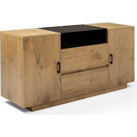 Buffet-commode effet chêne avec 2 tiroirs + 2 placards (réglables en hauteur à l’intérieur) et niche ouverte - verre ESG et poignées noires, H70/B140/T40 cm (1/5)