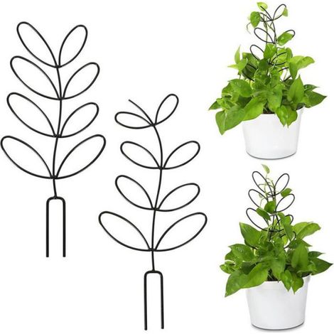 Lot de 2 treillis métalliques pour plantes d'intérieur, petits treillis en forme de feuilles grimpantes pour plantes en pot (noir) (1/3)
