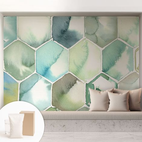 Papier peint intissé pour salon chambre à coucher peint imprimé Installation facile - Colle incluse gratuite Hexagones pastel 208x146 cm (1/5)