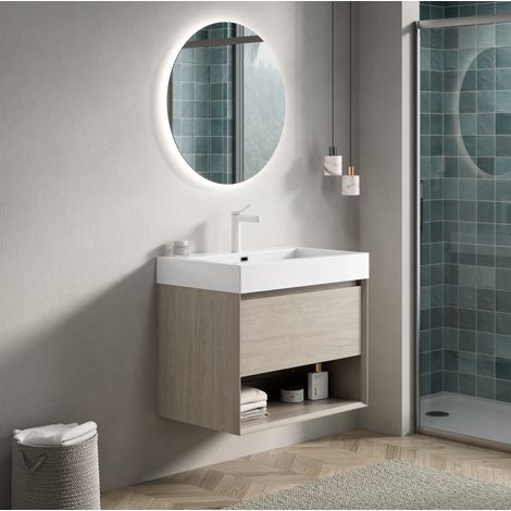 Mueble de baño suspendido 70x46x60 cm efecto roble claro y Blanco, con almacenaje FloraGrace (1/5)