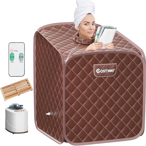 GOPLUS Cabine de Sauna Pliable 2L 1000W, Sauna à Vapeur Portable à Domicile avec Chaise Pliante, 10 Niveaux de Température, Marron