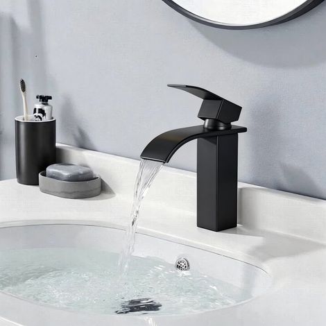 NOIR Robinet de Lavabo en Cascade, MEEJEE Mitigeur en Laiton pour Salle de Bain Design Moderne (1/5)